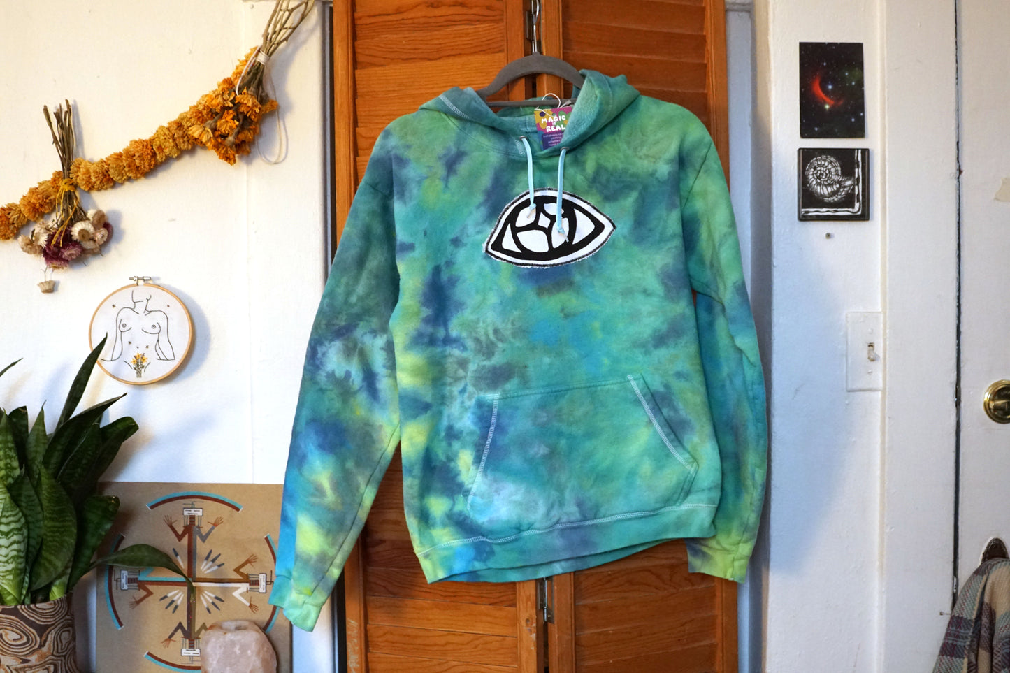 Hand Dyed Hoodie Green and Blue with Eye Patch (S)