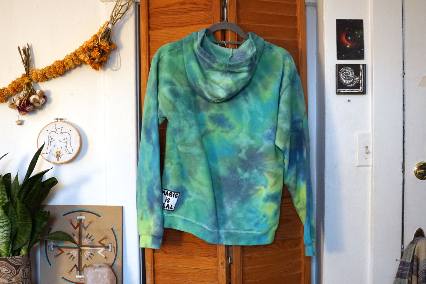 Hand Dyed Hoodie Green and Blue with Eye Patch (S)