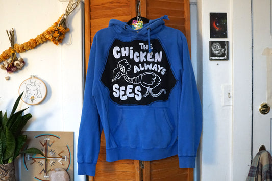 Blue Hoodie The Chicken Always Sees Print (M)