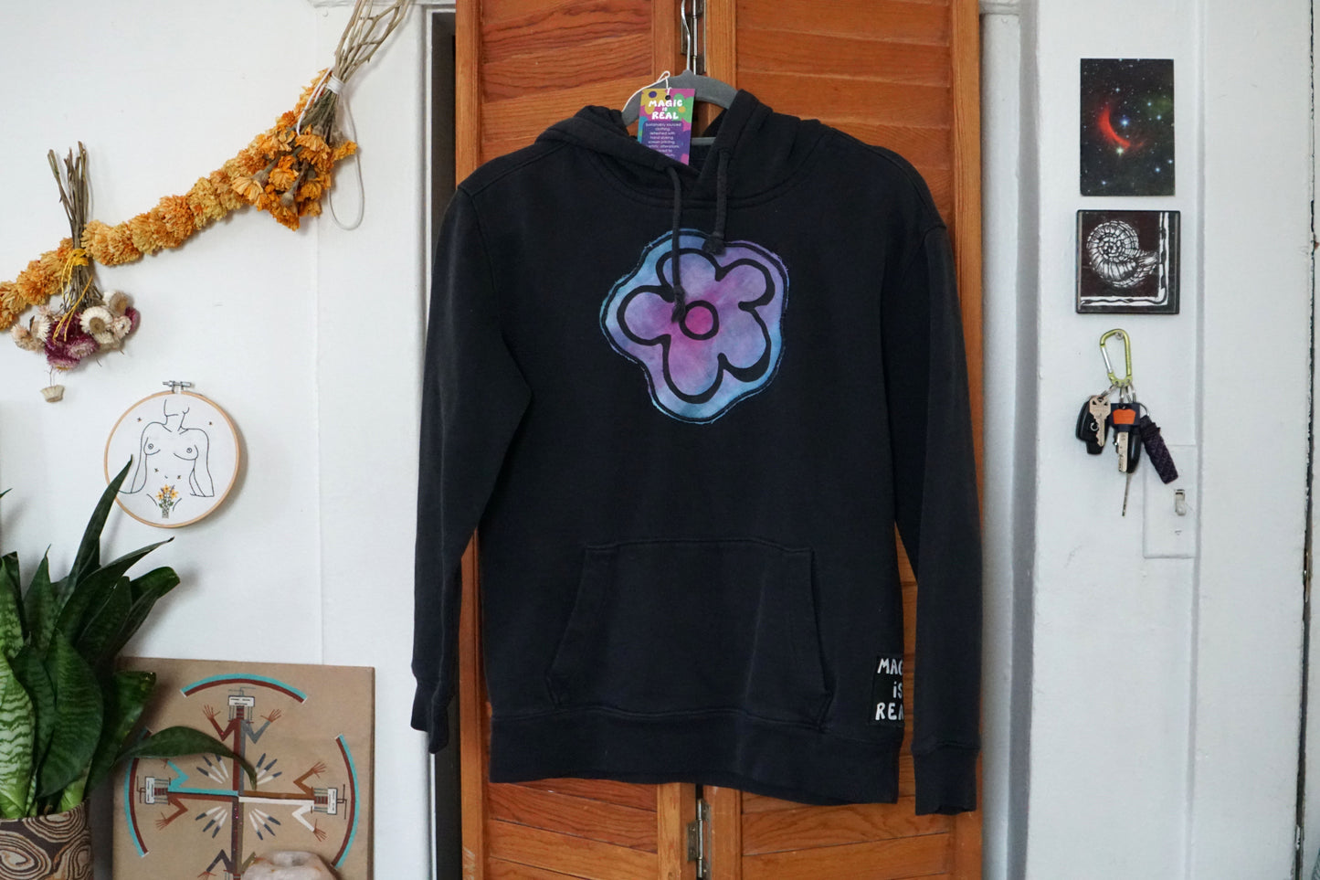 Black Hoodie with Purple Flower Patch (XS)